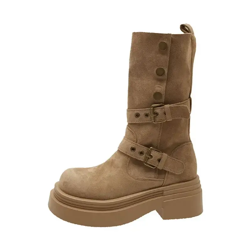 Women's Long Boots Fashion Platform Height Increasing Outdoor Knight Boots 2025 Spring Autumn New Retro Belt Buckle Women Shoes