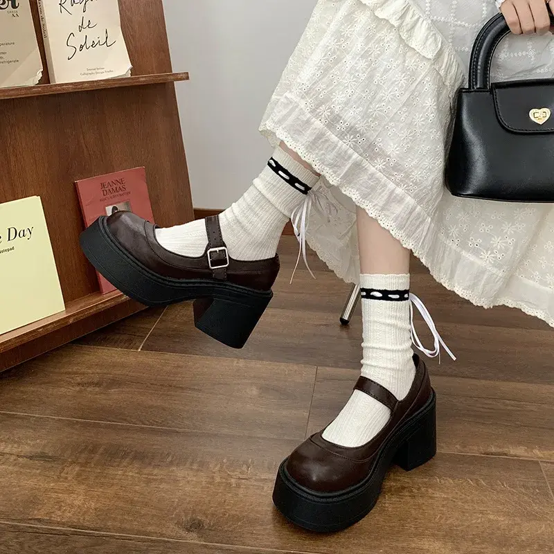 Women Mary Janes Shoe Retro Round Toe Pumps Heightening Four Seasons Loafers Chunky High Heels Brown Shallow Mouth Single Shoes