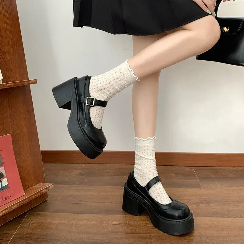 Women Mary Janes Shoe Retro Round Toe Pumps Heightening Four Seasons Loafers Chunky High Heels Brown Shallow Mouth Single Shoes