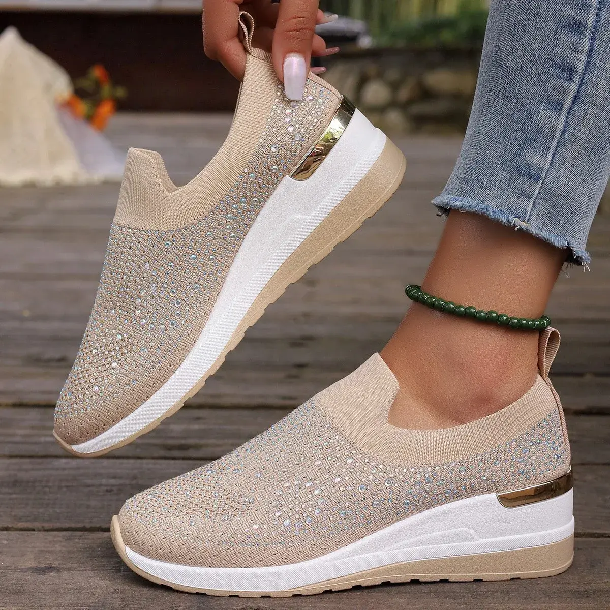 Women Wedges Platform Sneakers Autumn Fashion Round Toe Casual Sports Slip-on Shoes Woman Non Slip Vulcanized Shoes Plus Size 44