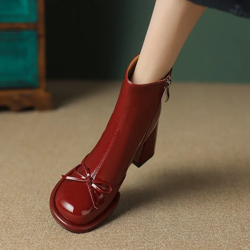 Women High Heels Goth Ankle Boots Woman Winter Trend Bows Elegant Leather Chunky Botas Mujer Sexy Snow Platform Wedding Shoes