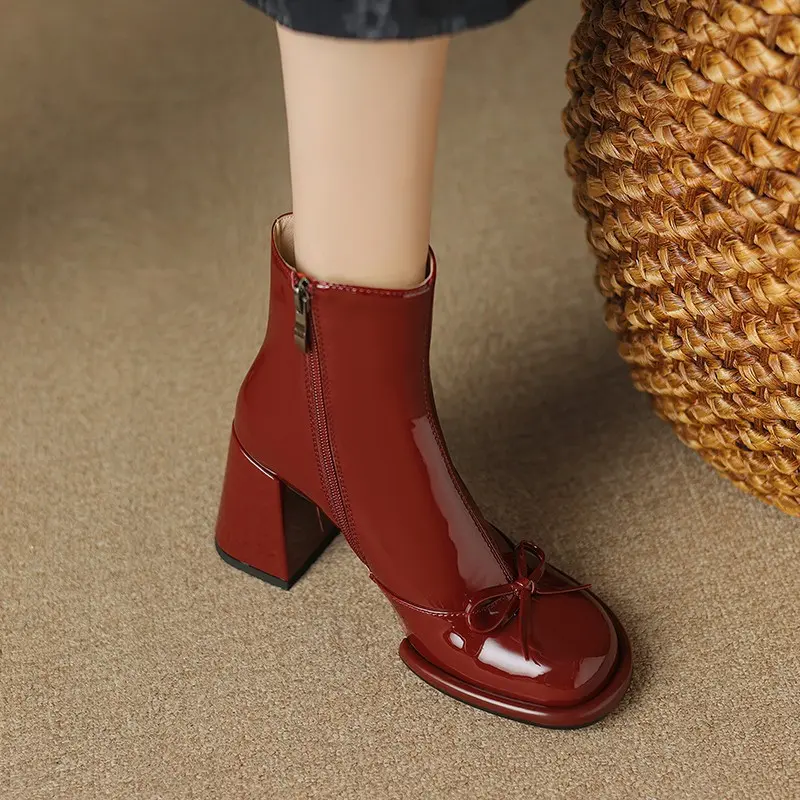 Women High Heels Goth Ankle Boots Woman Winter Trend Bows Elegant Leather Chunky Botas Mujer Sexy Snow Platform Wedding Shoes