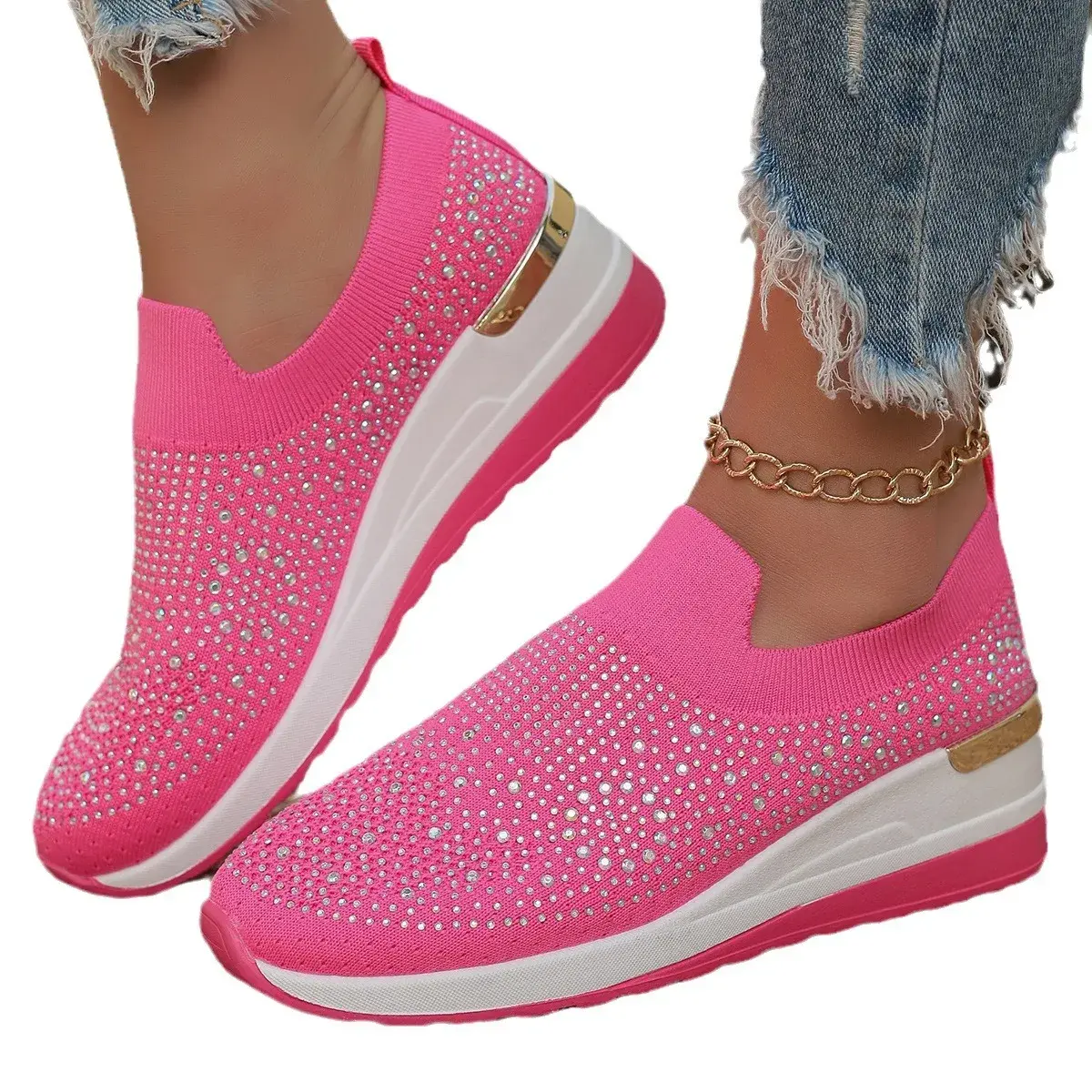 Women Wedges Platform Sneakers Autumn Fashion Round Toe Casual Sports Slip-on Shoes Woman Non Slip Vulcanized Shoes Plus Size 44