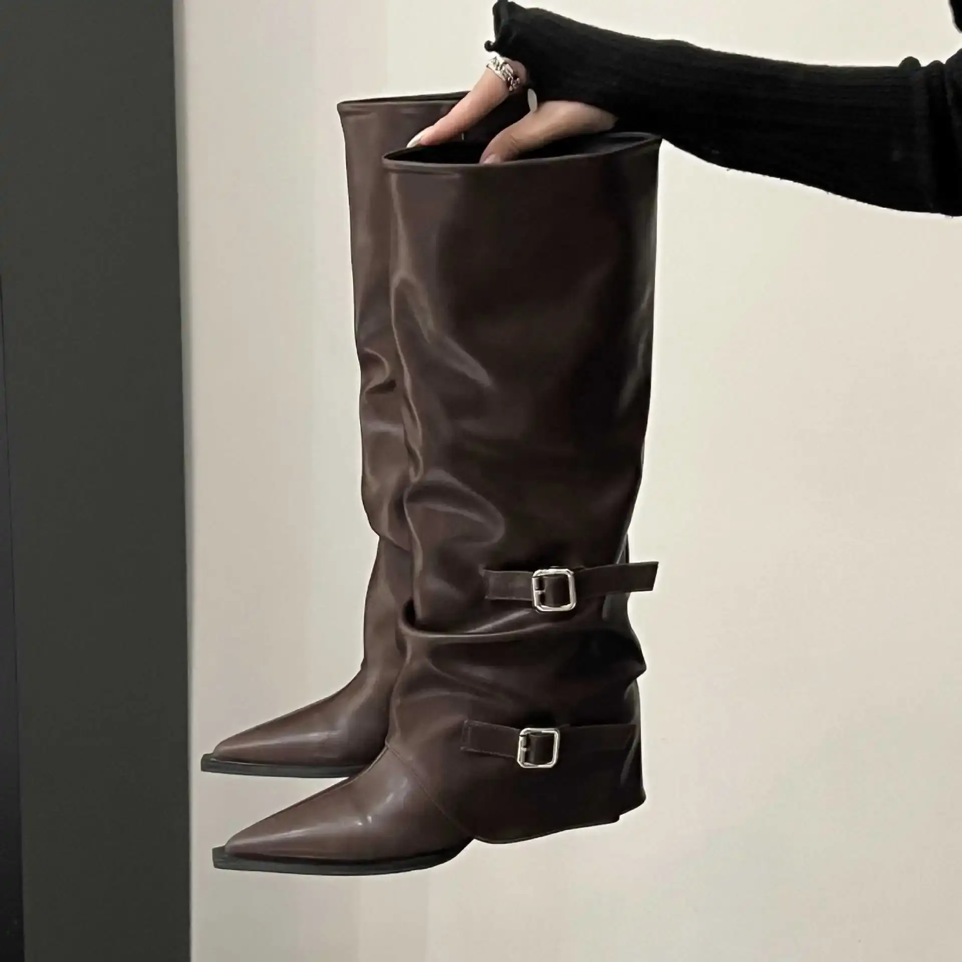 High-Tube Long Boots Women's Faionable Retro Belted Pointed Toe Booties Spring Autumn PU Leather Cotton Lined Rubber 2025