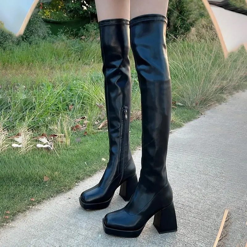 Autumn Winter Street Style Stretch Over The Knee Boots Women Fashion Round Toe Square Platform Heels Long Booties 2025