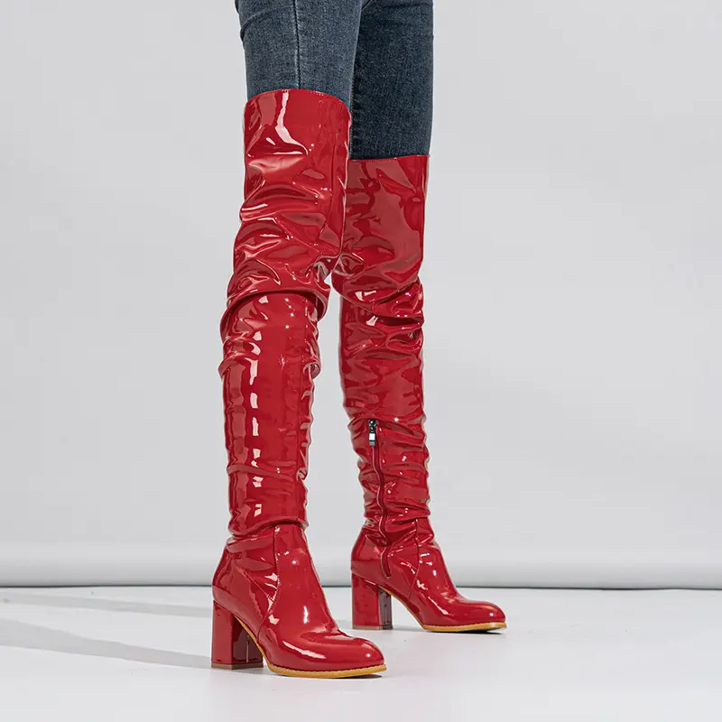 Women's Long Boots Patent Leather Over The Knee Boots Sexy Womens Pumps Fashion Thick Heels Women Shoes Zlp Zapatos De Mujer
