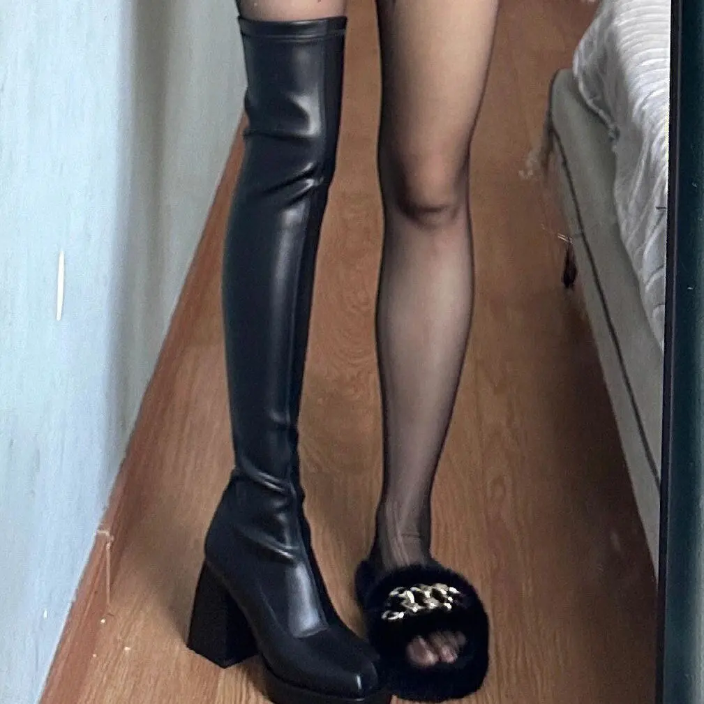 Autumn Winter Street Style Stretch Over The Knee Boots Women Fashion Round Toe Square Platform Heels Long Booties 2025
