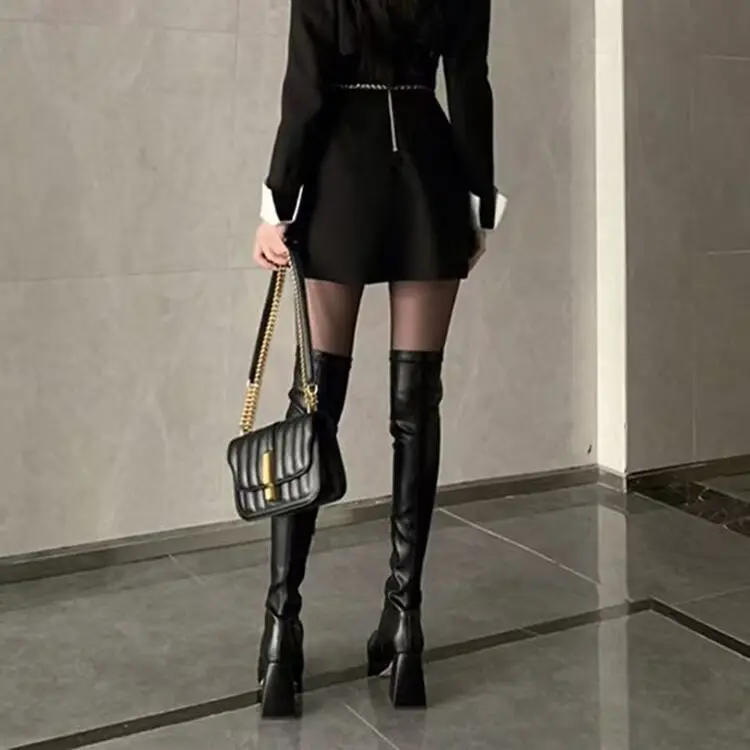 Autumn Winter Street Style Stretch Over The Knee Boots Women Fashion Round Toe Square Platform Heels Long Booties 2025