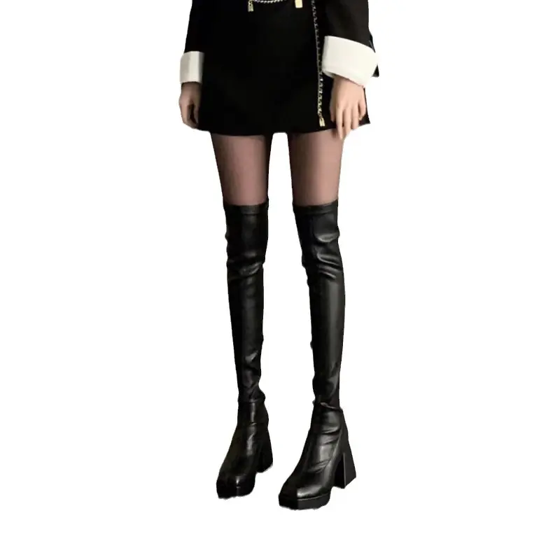 Autumn Winter Street Style Stretch Over The Knee Boots Women Fashion Round Toe Square Platform Heels Long Booties 2025