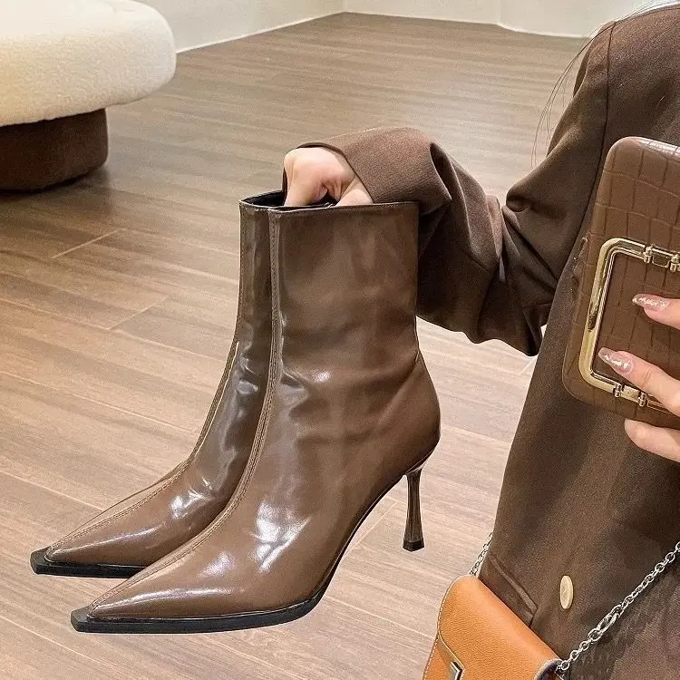 Women's Sexy Pointed Toe Ankle Boots Vintage Autumn New Fashion High Heels patent leather skinny boots Women Brown Short Booties