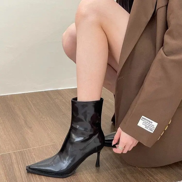 Women's Sexy Pointed Toe Ankle Boots Vintage Autumn New Fashion High Heels patent leather skinny boots Women Brown Short Booties