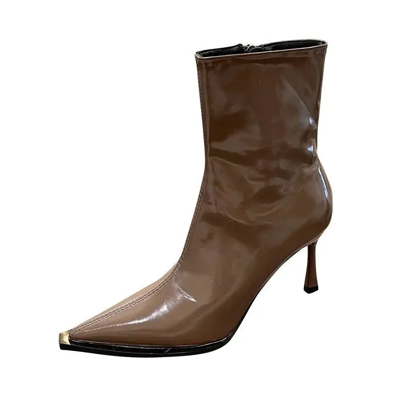 Women's Sexy Pointed Toe Ankle Boots Vintage Autumn New Fashion High Heels patent leather skinny boots Women Brown Short Booties