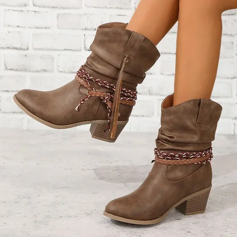 Mid Heels Ankle Chelsea Boots for Women  New Brand Goth Gladiator Boots Designer Pleated Walking Pumps Zapatos Mujer 2024