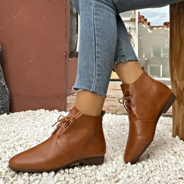 Women's Ankle Boots Lace Up Leather Shoes Pointed Toe Flats Soft Sneakers for Female Motorcyle Boots Black Booties 2025