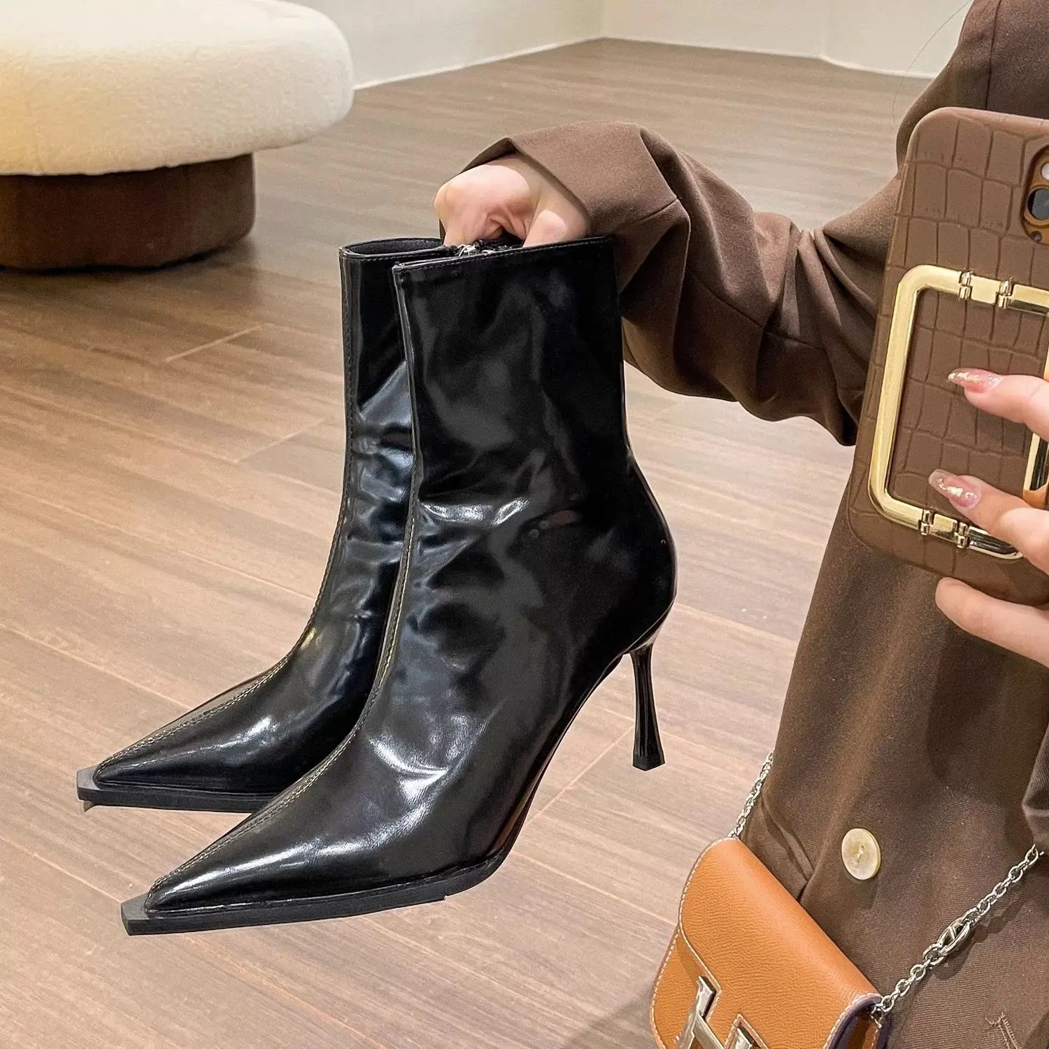 Women's Sexy Pointed Toe Ankle Boots Vintage Autumn New Fashion High Heels patent leather skinny boots Women Brown Short Booties