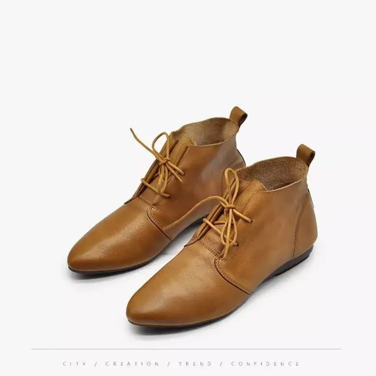 Women's Ankle Boots Lace Up Leather Shoes Pointed Toe Flats Soft Sneakers for Female Motorcyle Boots Black Booties 2025