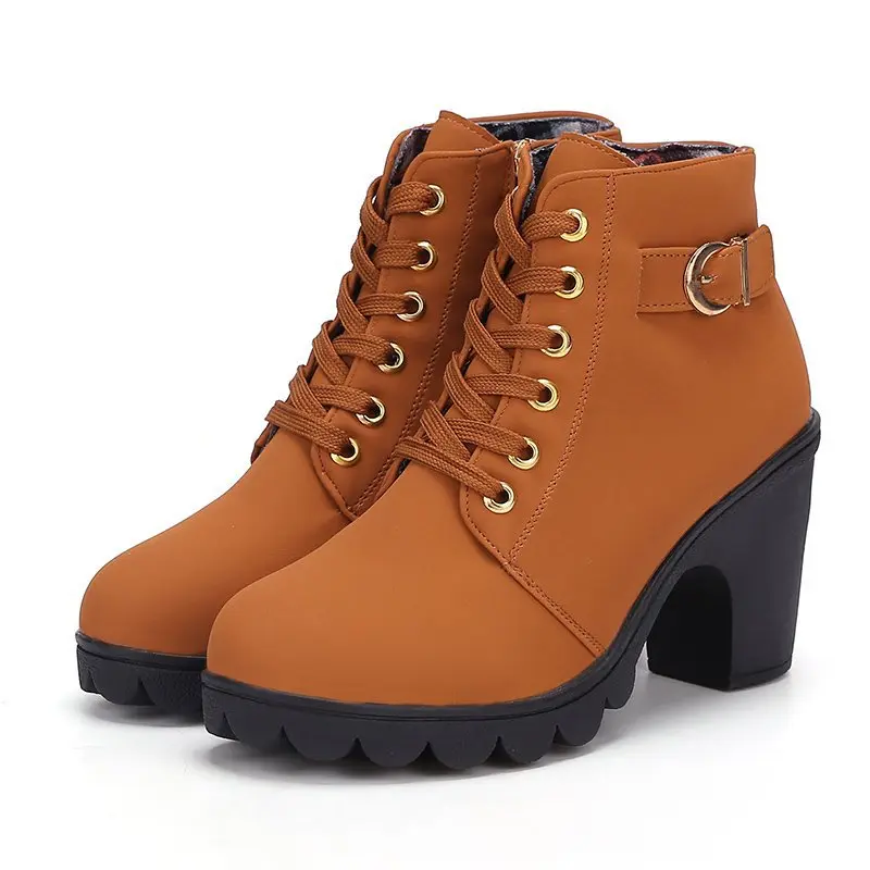 Spring Winter Women Pumps Boots High Quality Lace-up European Ladies Shoes PU High Heels Boots Fast Delivery