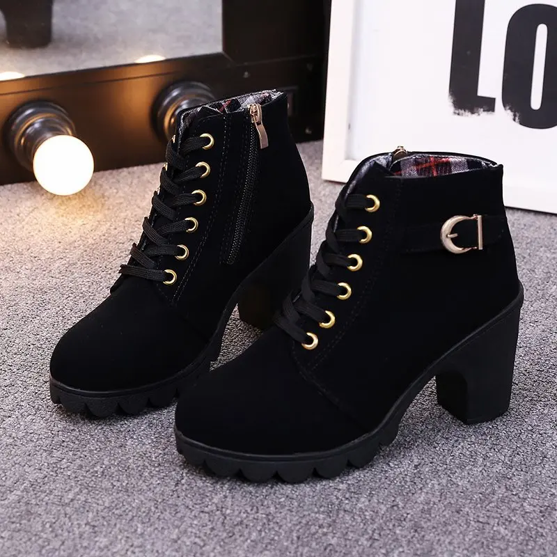 Spring Winter Women Pumps Boots High Quality Lace-up European Ladies Shoes PU High Heels Boots Fast Delivery