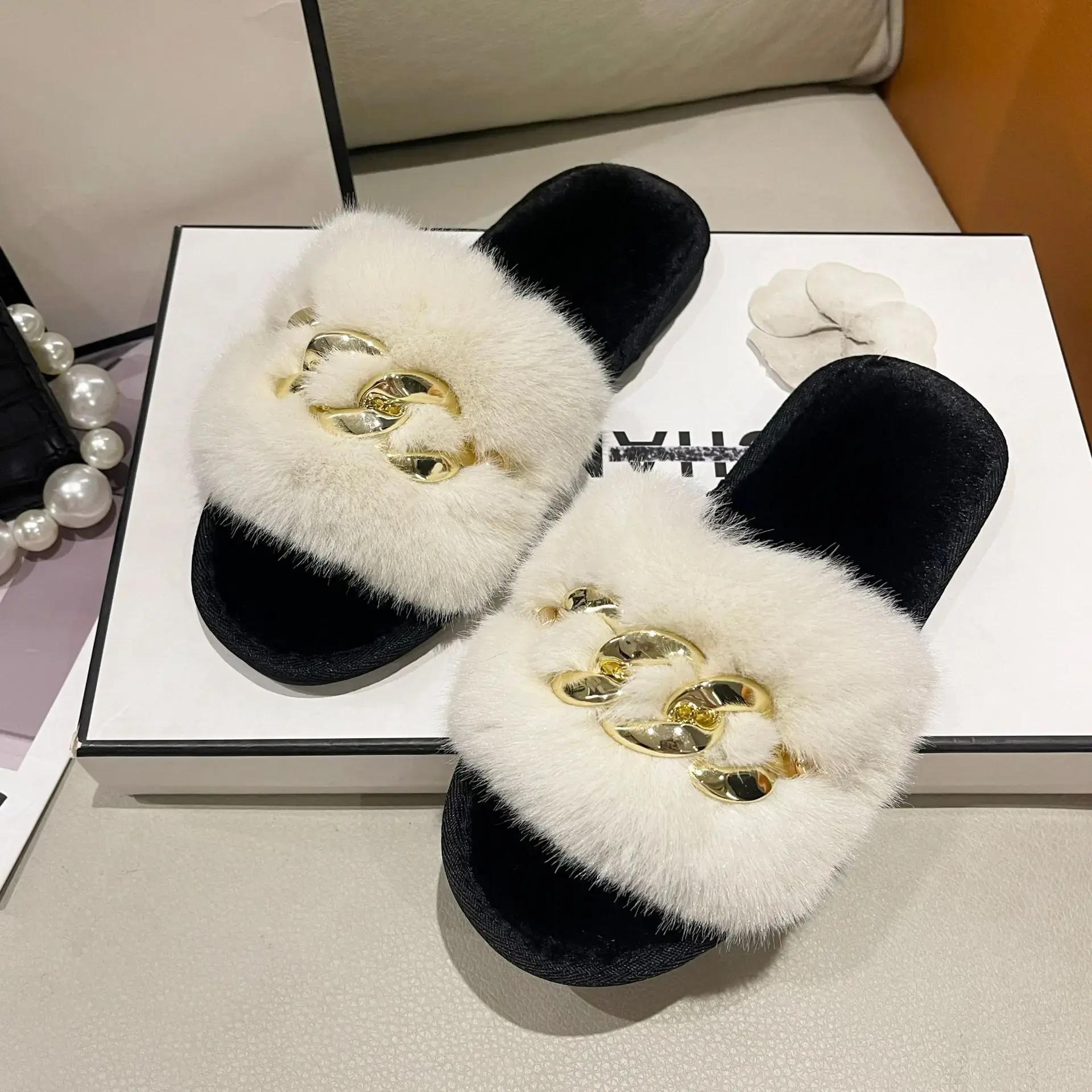 Fashion Chain Design Women Home Slippers Solid Color Open Toe Indoor  Winter Flat Non-slip Leisure Interior Female Shoes 2024