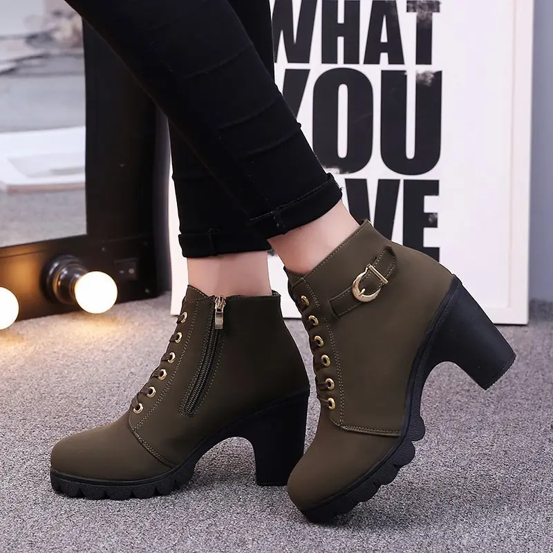 Spring Winter Women Pumps Boots High Quality Lace-up European Ladies Shoes PU High Heels Boots Fast Delivery
