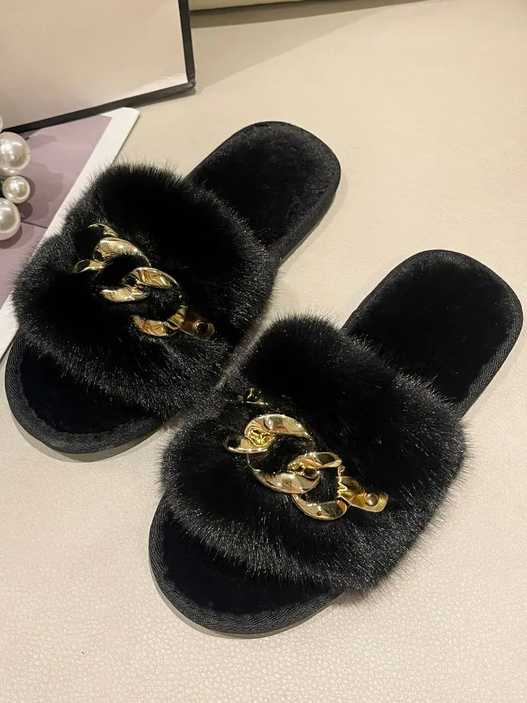 Fashion Chain Design Women Home Slippers Solid Color Open Toe Indoor  Winter Flat Non-slip Leisure Interior Female Shoes 2024