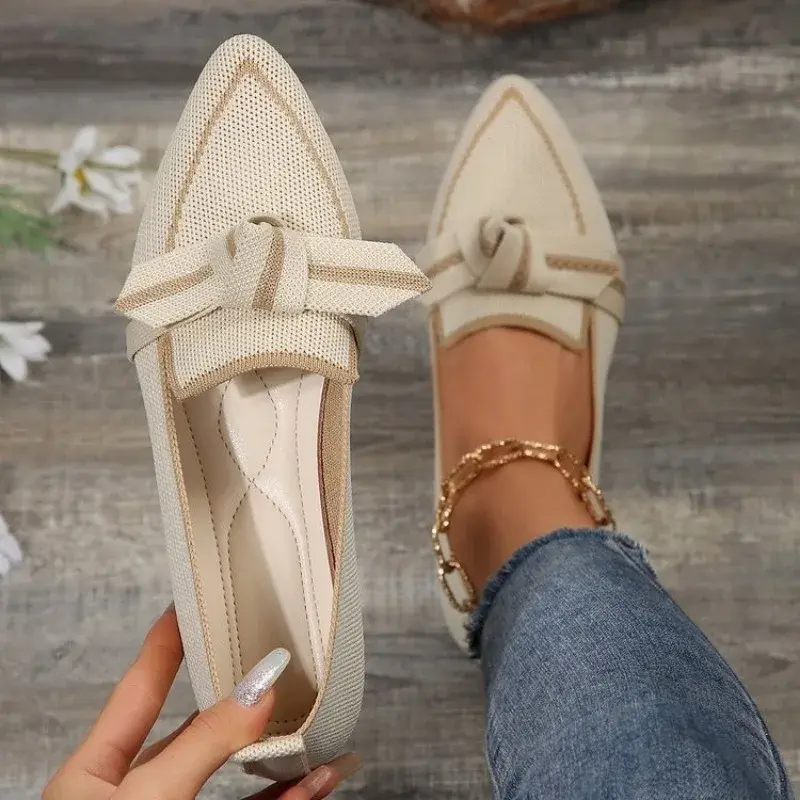 Women Bowknot Pointed Toe Breathable Mesh Casual Shoes Comfort Walkers Ladies Light Lace Up Soft Sole Flats Zapatos De Mujer