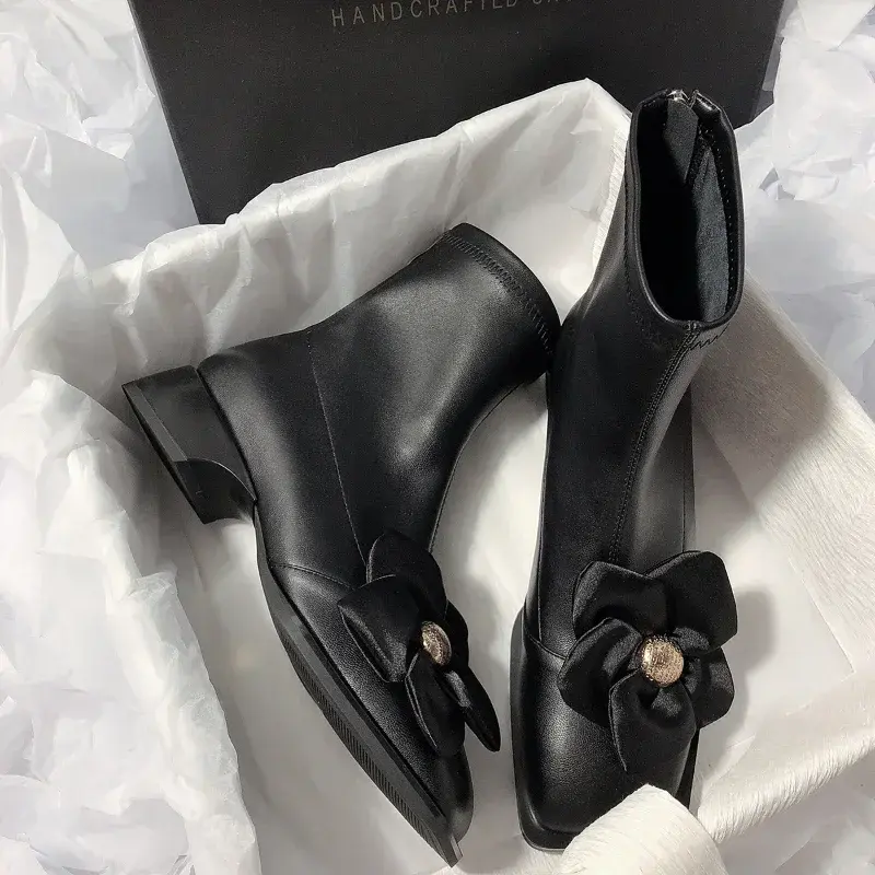 Women Platform Floral Stretch Boots Women Autumn New Pu Leather Low Heel Boots Woman New Desingn Thick Heels Short Booties Mujer