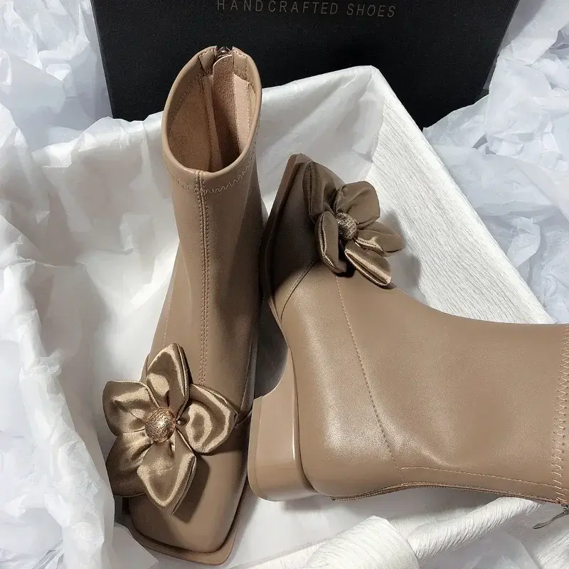 Women Platform Floral Stretch Boots Women Autumn New Pu Leather Low Heel Boots Woman New Desingn Thick Heels Short Booties Mujer