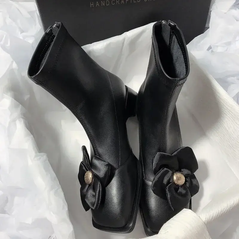Women Platform Floral Stretch Boots Women Autumn New Pu Leather Low Heel Boots Woman New Desingn Thick Heels Short Booties Mujer