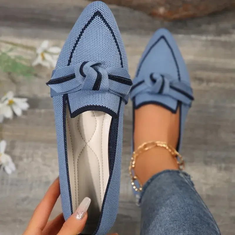 Women Bowknot Pointed Toe Breathable Mesh Casual Shoes Comfort Walkers Ladies Light Lace Up Soft Sole Flats Zapatos De Mujer
