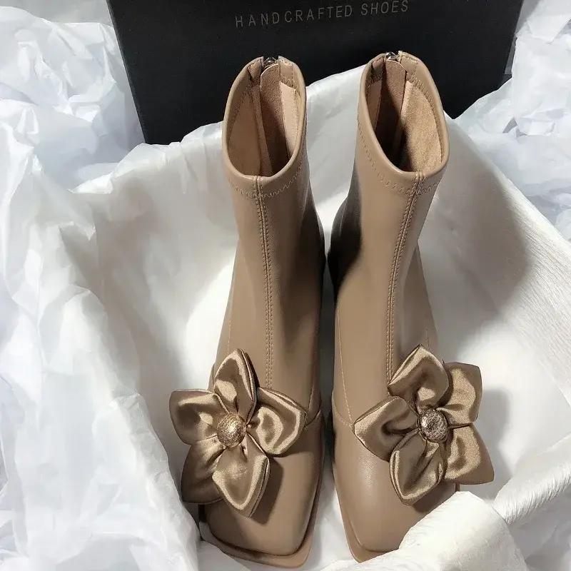 Women Platform Floral Stretch Boots Women Autumn New Pu Leather Low Heel Boots Woman New Desingn Thick Heels Short Booties Mujer