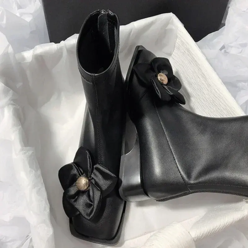 Women Platform Floral Stretch Boots Women Autumn New Pu Leather Low Heel Boots Woman New Desingn Thick Heels Short Booties Mujer