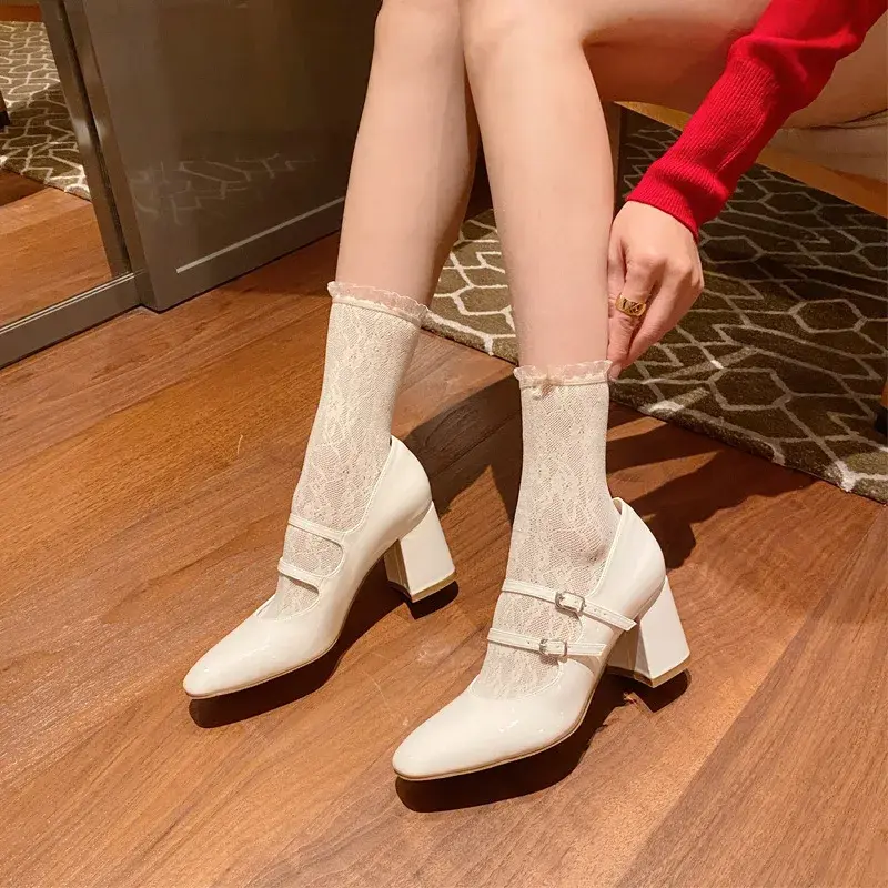 2023 Simple French leather shoes spring new high heels women's shoes square toe nude Mary Jane retro thick heels Femme zapatos