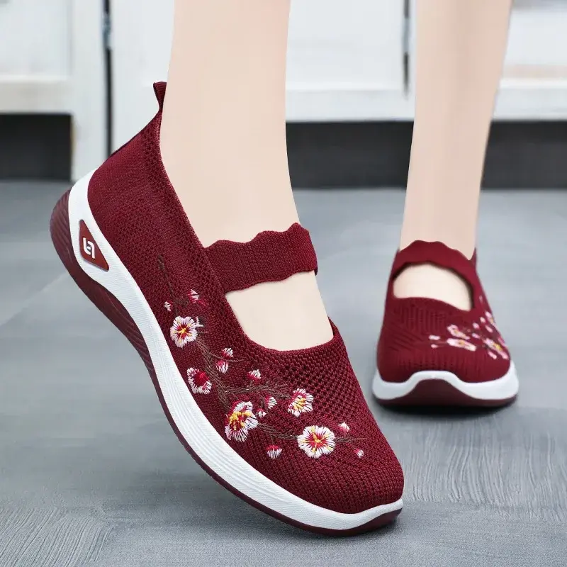 Sneakers Non-slipSoft Sole Mom  Summer Breathable Mesh Embroidery Casual Shoes for Women Comfort Lightweight Flat Sneakers Women