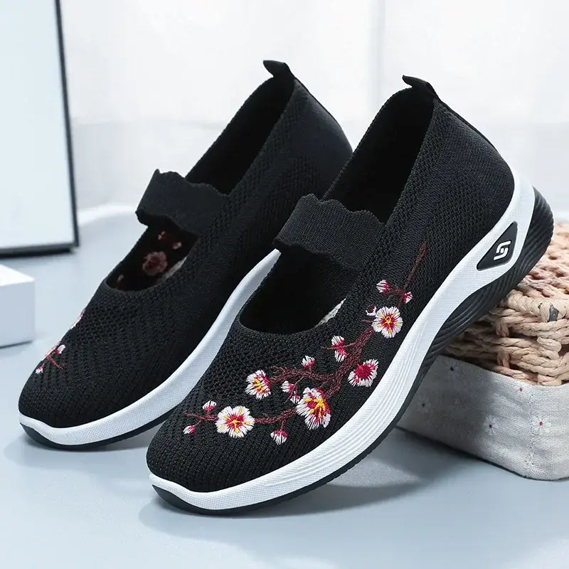 Sneakers Non-slipSoft Sole Mom  Summer Breathable Mesh Embroidery Casual Shoes for Women Comfort Lightweight Flat Sneakers Women