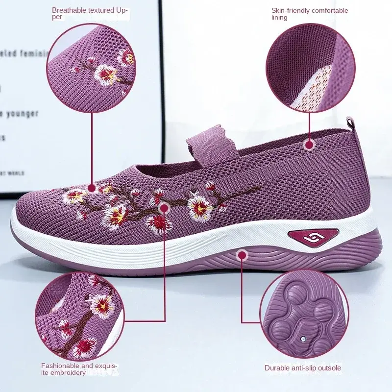 Sneakers Non-slipSoft Sole Mom  Summer Breathable Mesh Embroidery Casual Shoes for Women Comfort Lightweight Flat Sneakers Women