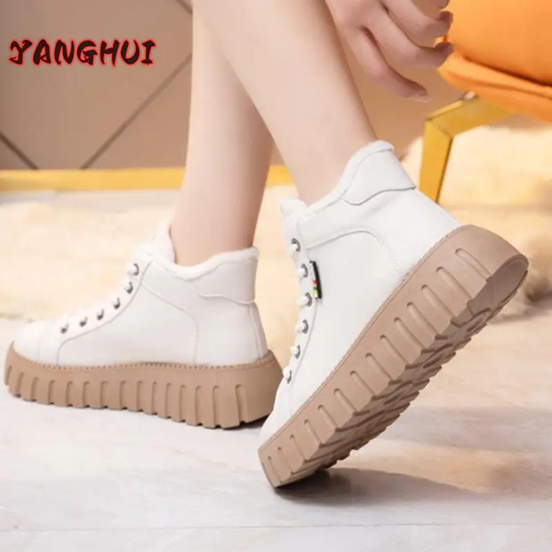 Winter New Fashion Women's Boots Plush Lace Up Solid Color Oversize Shoes Warm and Comfortable Soft Soled Sneakers Zapatillas