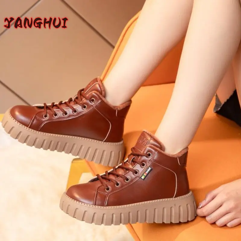Winter New Fashion Women's Boots Plush Lace Up Solid Color Oversize Shoes Warm and Comfortable Soft Soled Sneakers Zapatillas