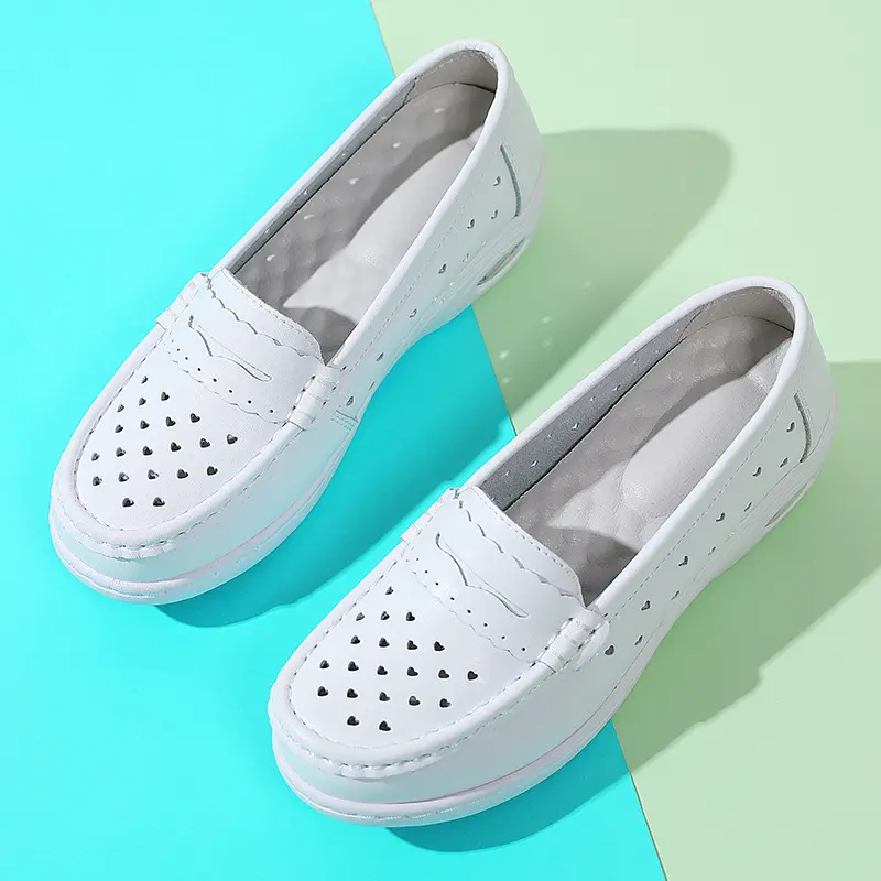 Genuine Leather Air Cushion Nurse Shoes for Women Spring and Summer New Soft Soled Breathable Flat Soled White Medical Shoes