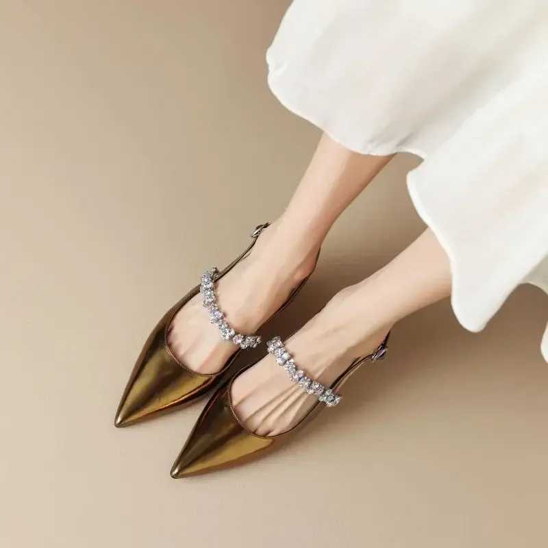 Women Sandals Ladies Sexy Buckle Rhinestone High Heels Female Casual Shoes Golden Silver Point Toe Trend Summer Pumps2024