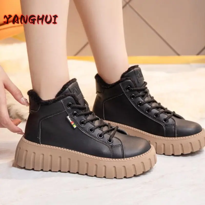 Winter New Fashion Women's Boots Plush Lace Up Solid Color Oversize Shoes Warm and Comfortable Soft Soled Sneakers Zapatillas
