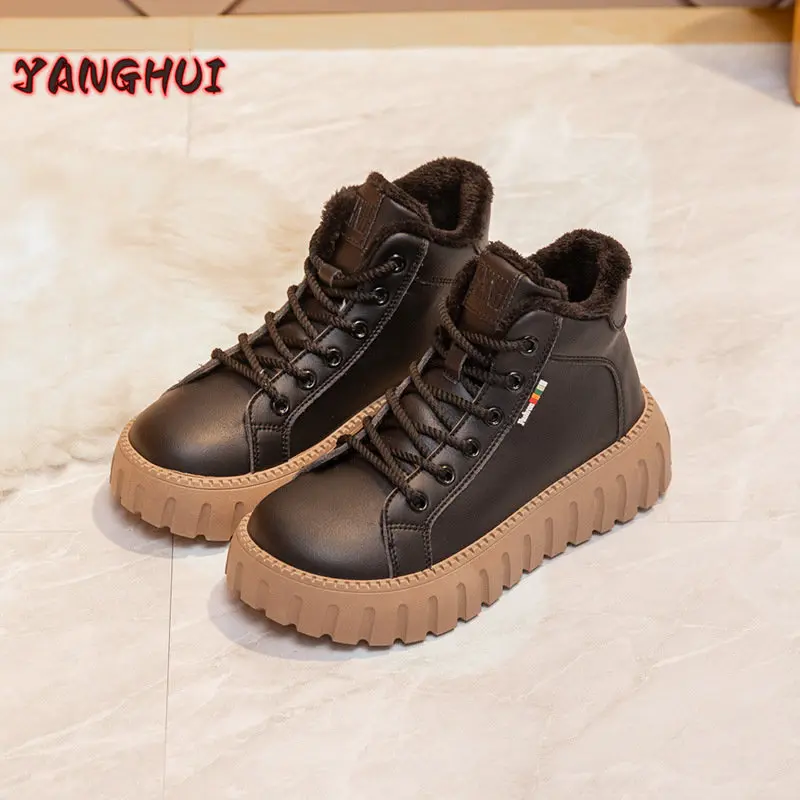 Winter New Fashion Women's Boots Plush Lace Up Solid Color Oversize Shoes Warm and Comfortable Soft Soled Sneakers Zapatillas