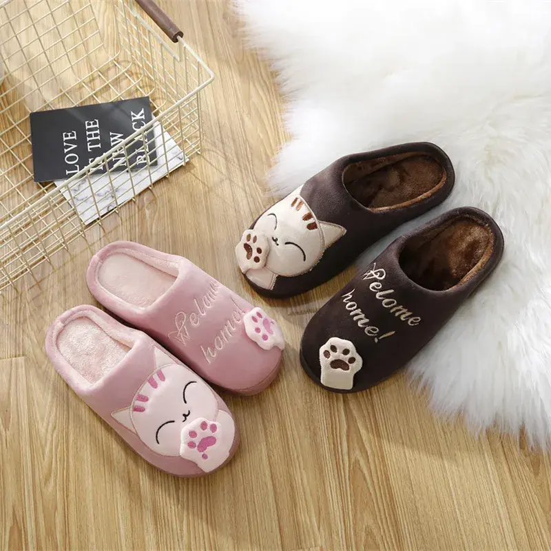 Women Winter Warm Slippers Shoes Cute Cartoon Embroidery Round Toe Flats Plus Velvet Indoor Home Bedroom Floor Slippers2023