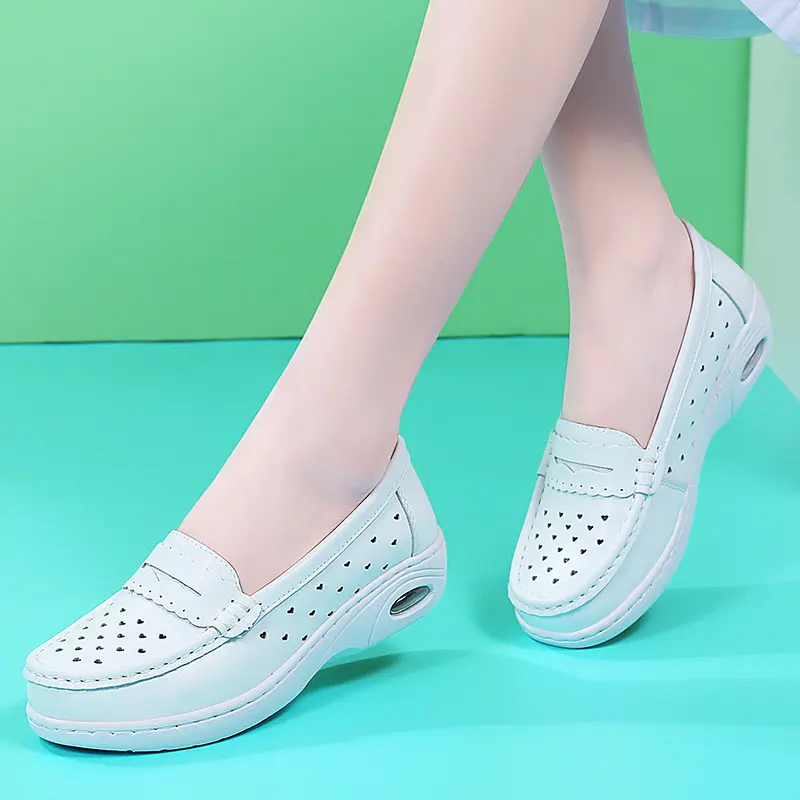 Genuine Leather Air Cushion Nurse Shoes for Women Spring and Summer New Soft Soled Breathable Flat Soled White Medical Shoes