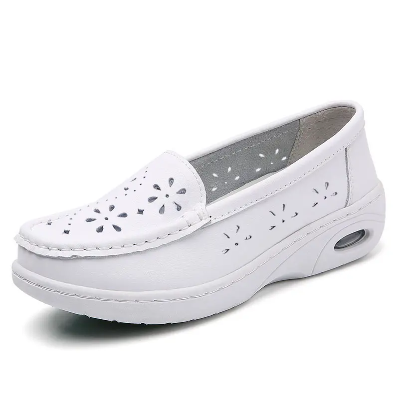 Genuine Leather Air Cushion Nurse Shoes for Women Spring and Summer New Soft Soled Breathable Flat Soled White Medical Shoes