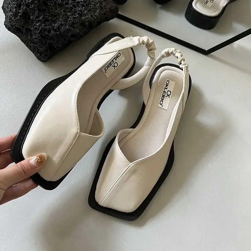 Square Toe Elegant Ladies Sandals Fashion Ladies Elastic Band Flat Heel Women Shallow Party Shoes Square Heel 35-40