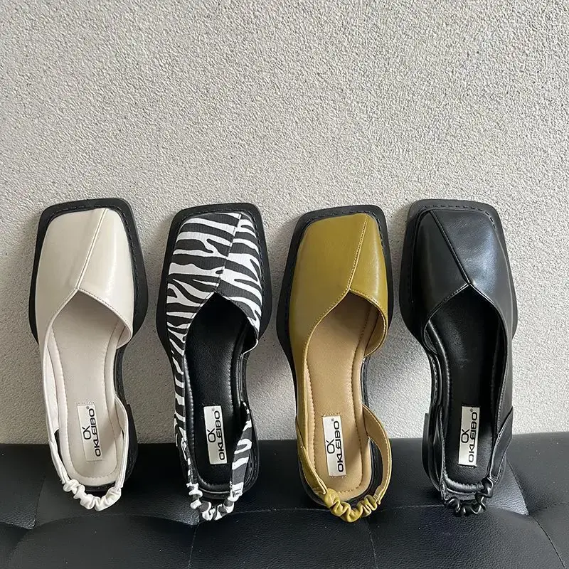 Square Toe Elegant Ladies Sandals Fashion Ladies Elastic Band Flat Heel Women Shallow Party Shoes Square Heel 35-40