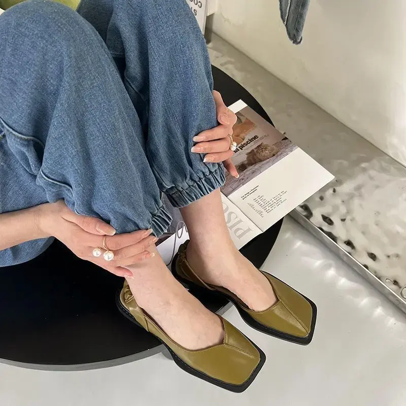 Square Toe Elegant Ladies Sandals Fashion Ladies Elastic Band Flat Heel Women Shallow Party Shoes Square Heel 35-40