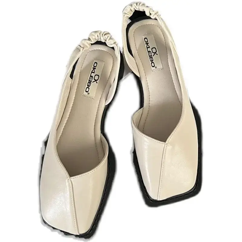 Square Toe Elegant Ladies Sandals Fashion Ladies Elastic Band Flat Heel Women Shallow Party Shoes Square Heel 35-40