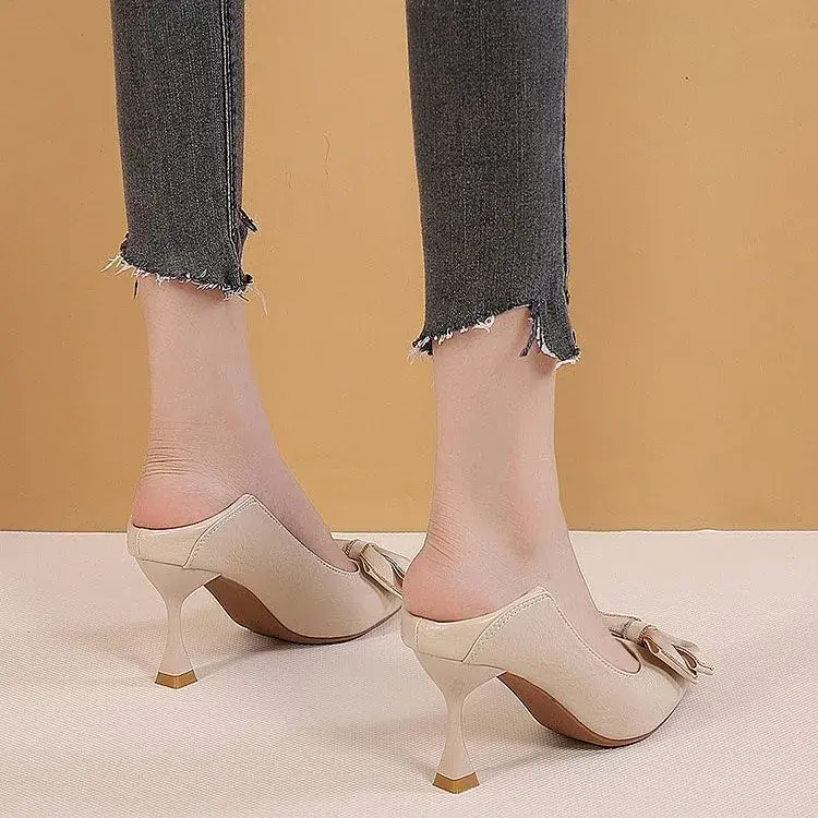 Women's Summer Footwear Office with Medium Heels Shoes for Woman Black Bow Pointed Toe High Quality Chic and Elegant Casual